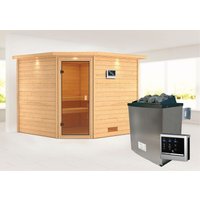 Karibu Sauna ""Leona" mit Kranz und bronzierter Tür Ofen 9 KW externe Strg Easy", aus hochwertiger nordischer Fichte von Karibu