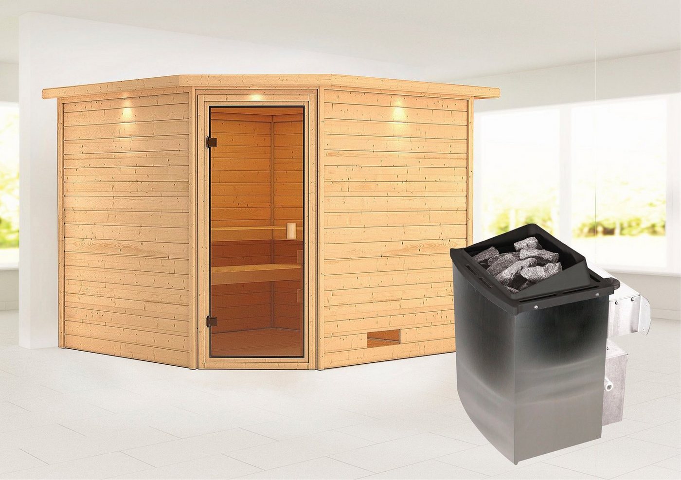 Karibu Sauna Leona" mit Kranz und bronzierter Tür Ofen 9 kW integr. Strg, BxTxH: 259 x 245 x 202 cm, 38 mm, aus hochwertiger nordischer Fichte" von Karibu
