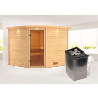 Karibu Sauna ""Leona" mit Kranz und bronzierter Tür Ofen 9 kW integr. Strg", aus hochwertiger nordischer Fichte von Karibu