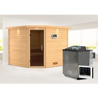 Karibu Sauna ""Leona" mit Kranz und graphitfarbener Tür Ofen 9 kW Bio externe Strg", aus hochwertiger nordischer Fichte von Karibu