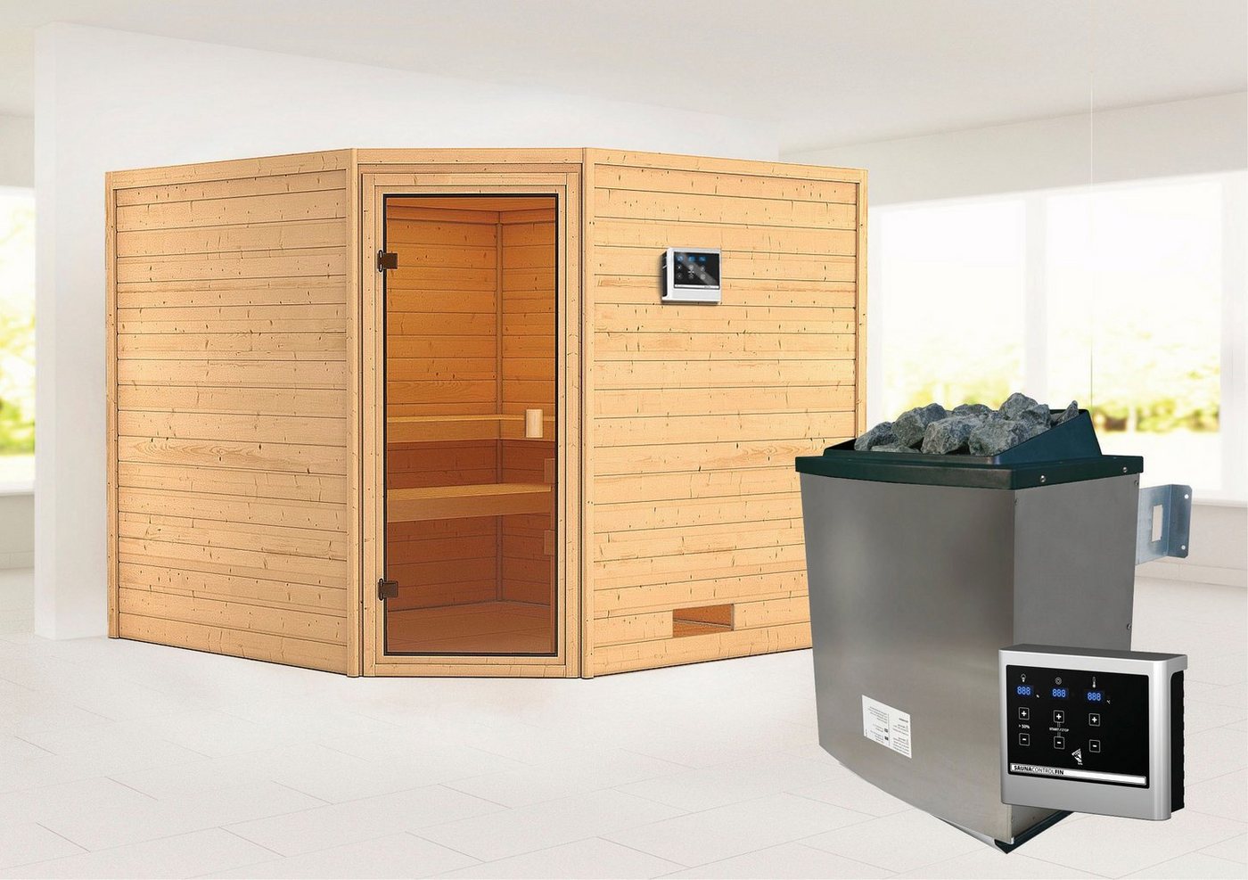 Karibu Sauna Leona" mit bronzierter Tür Ofen 9 KW externe Strg modern, BxTxH: 231 x 231 x 198 cm, 38 mm, aus hochwertiger nordischer Fichte" von Karibu