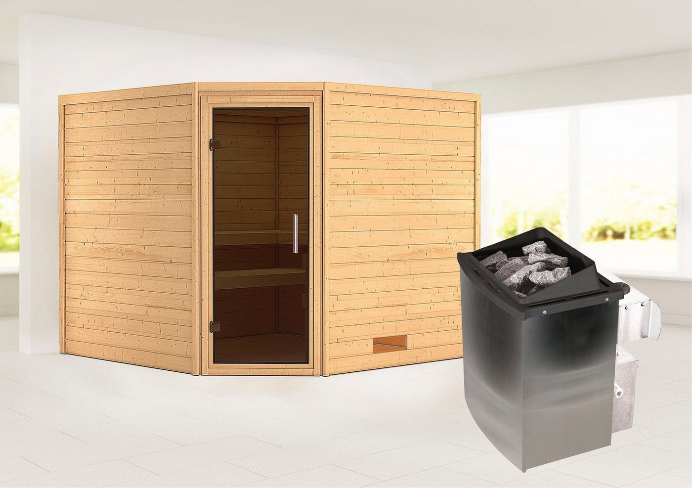 Karibu Sauna Leona" mit graphitfarbener Tür Ofen 9 kW integr. Strg, BxTxH: 231 x 231 x 198 cm, 38 mm, aus hochwertiger nordischer Fichte" von Karibu