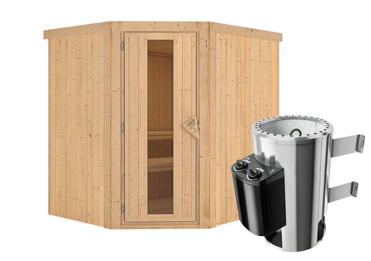 Karibu Sauna Lilja - 68 mm Systemsauna - 230 Volt Plug & Play-3,6 kW Plug&Play Ofen mit integrierter Steuerung-Ohne Dachkranz- Energiesparende Saunatür von Karibu