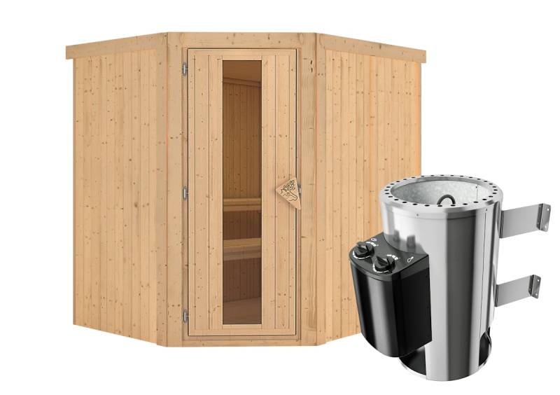 Karibu Sauna Lilja - 68 mm Systemsauna - 230 Volt Plug & Play-3,6 kW Plug&Play Ofen mit integrierter Steuerung-Ohne Dachkranz- Energiesparende Saunatür von Karibu
