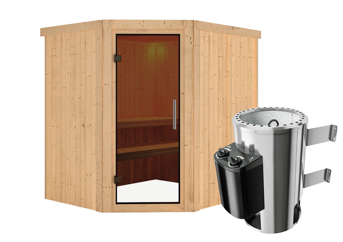 Karibu Sauna Lilja - 68 mm Systemsauna - 230 Volt Plug & Play-3,6 kW Plug&Play Ofen mit integrierter Steuerung-Ohne Dachkranz-Ganzglastür in Graphit-Optik von Karibu