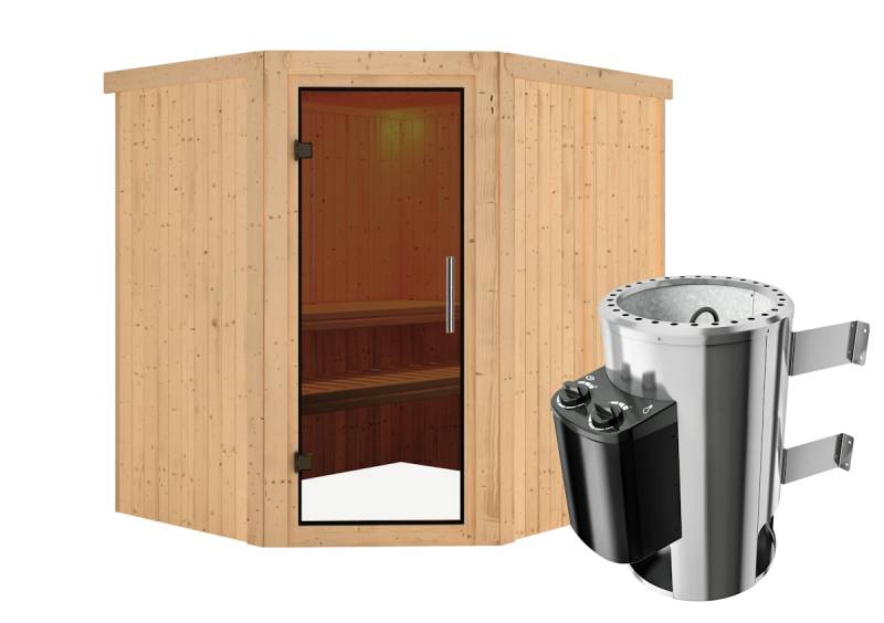 Karibu Sauna Lilja - 68 mm Systemsauna - 230 Volt Plug & Play-3,6 kW Plug&Play Ofen mit integrierter Steuerung-Ohne Dachkranz-Ganzglastür in Graphit-Optik von Karibu