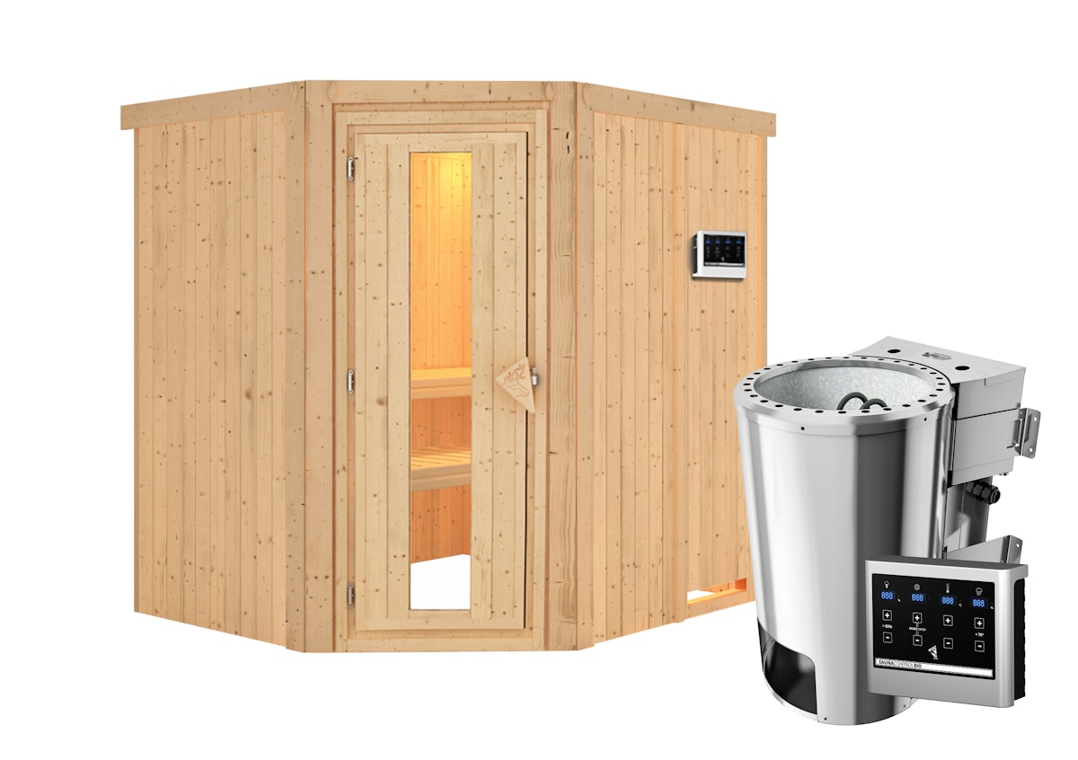 Karibu Sauna Lilja - 68 mm Systemsauna - 230 Volt Plug & Play-3,6kW Plug&Play Bio-Kombiofen externer Steuerung Easy-Ohne Dachkranz-Energiesparende Saunatür mit Glaseinsatz inkl. 9-teiligem gratis Zubehörpaket (Gesamtwert 271,91€) von Karibu