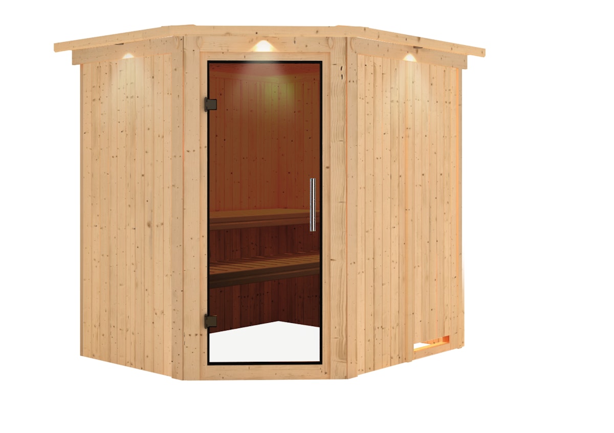 Karibu Sauna Lilja - 68 mm Systemsauna - 230 Volt Plug & Play-Ohne Ofen-Inkl. Dachkranz-Ganzglastür in Graphit-Optik von Karibu