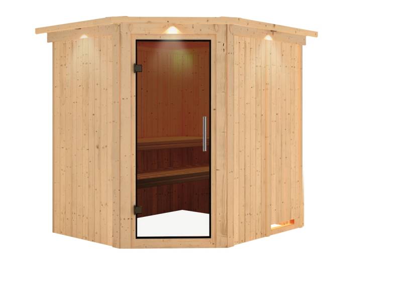 Karibu Sauna Lilja - 68 mm Systemsauna - 230 Volt Plug & Play-Ohne Ofen-Inkl. Dachkranz-Ganzglastür in Graphit-Optik von Karibu
