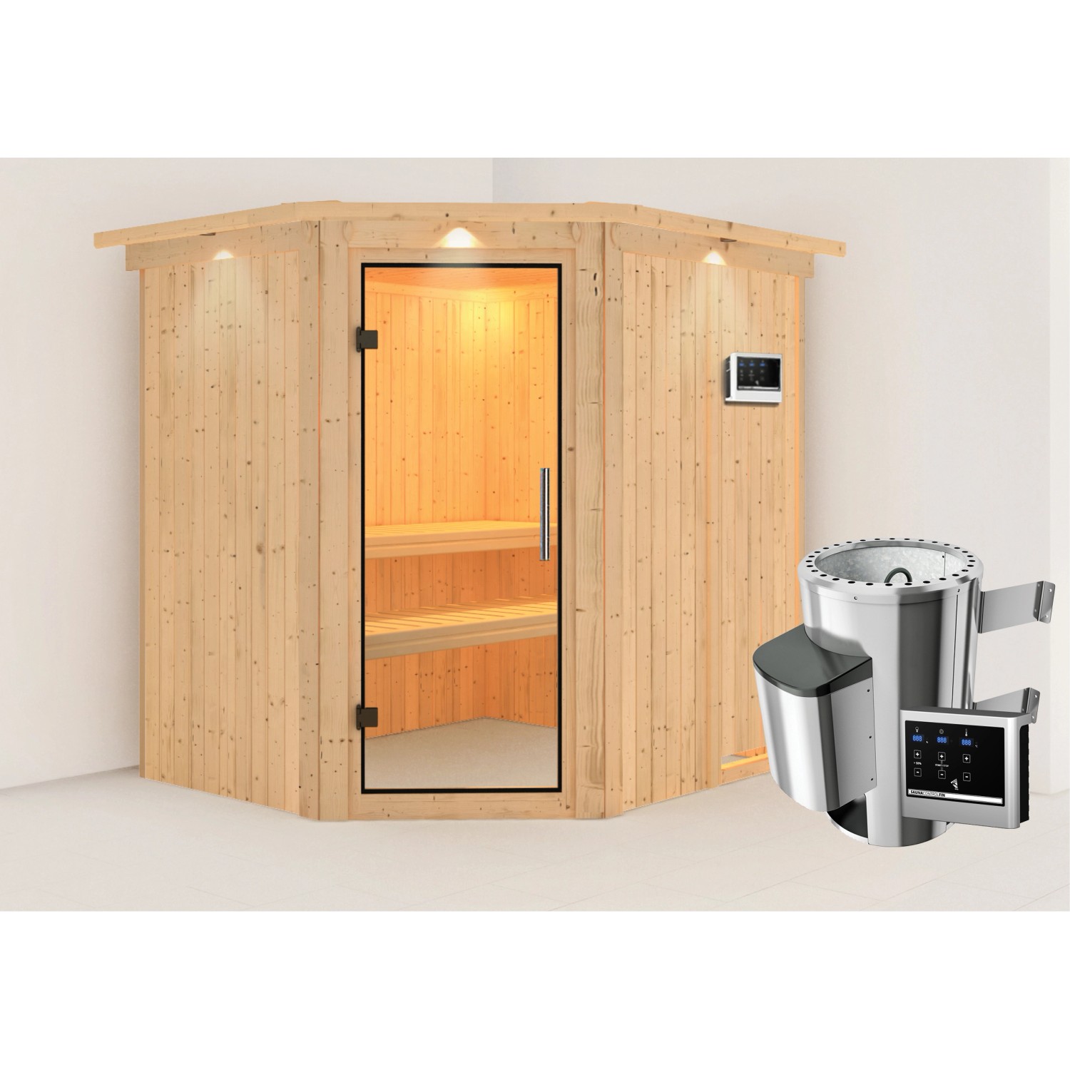 Karibu Sauna Livia mit Ofen externe Stg.Easy LED-Dachkranz Natur von Karibu