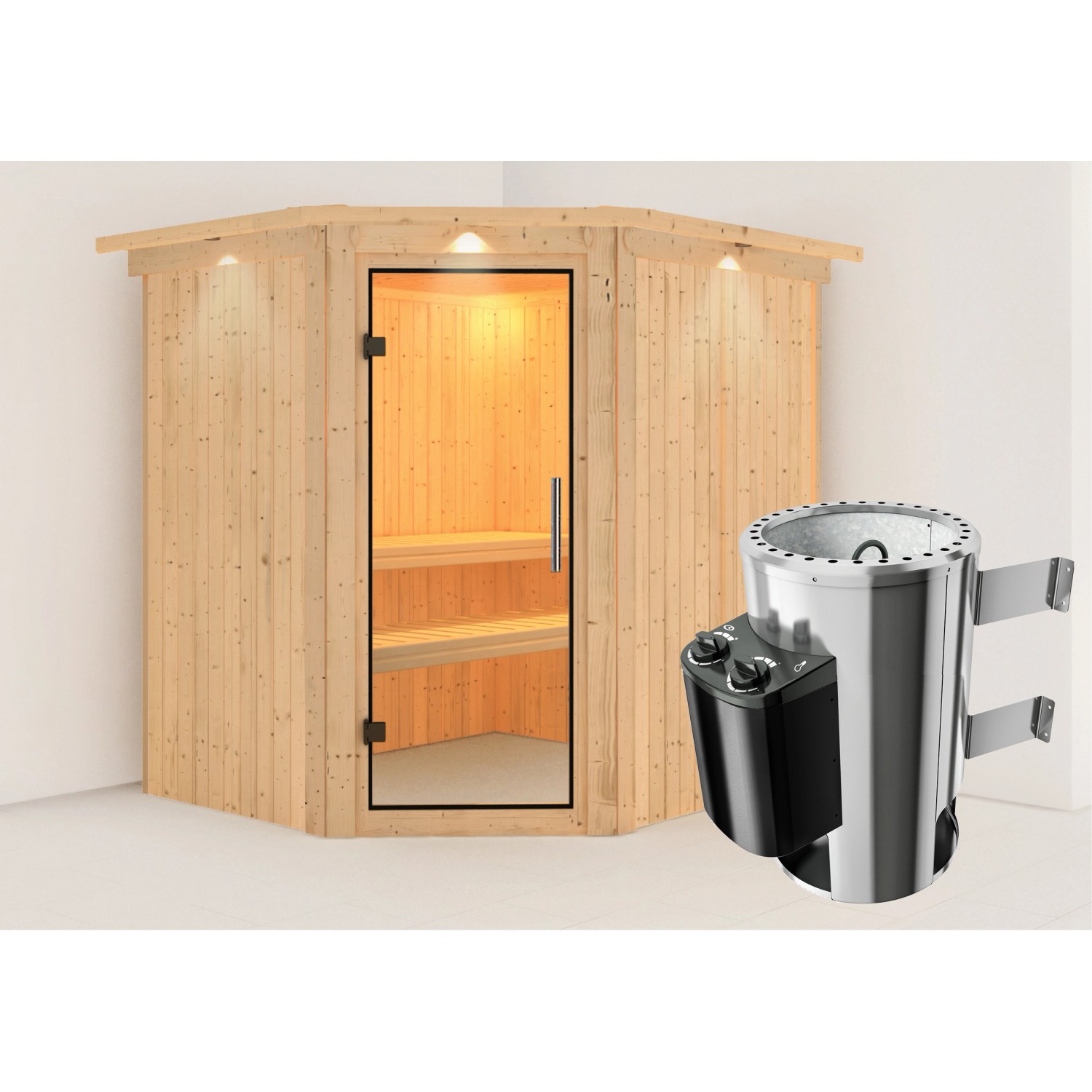 Karibu Sauna Livia mit Ofen integrierte Stg.LED-Dachkranz Natur Karibu Sauna Livia mit Ofen integrierte Stg.LED-Dachkranz Natur von Karibu