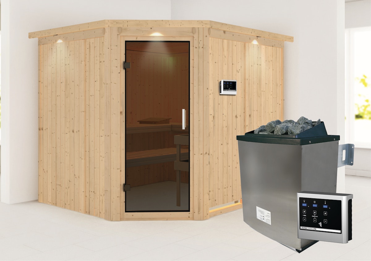 Karibu Sauna Malin mit Eckeinstieg 68 mm-9 kW Ofen inkl. Steuergerät-inkl. Dachkranz-Ganzglastür in Graphit-Optik inkl. 9-teiligem gratis Zubehörpaket (Gesamtwert 271,91€) von Karibu