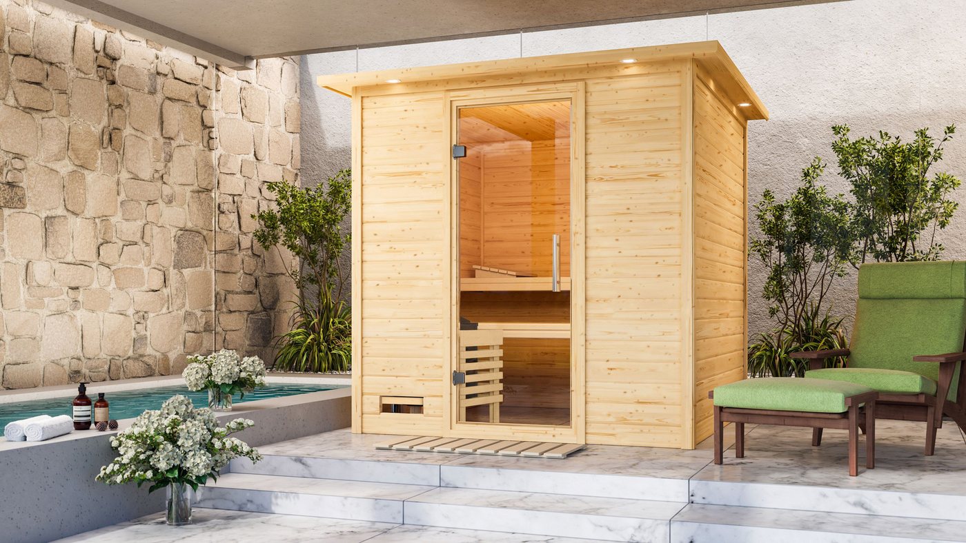 Karibu Sauna Menja, BxTxH: 224 x 210 x 206 cm, 40 mm, (Set) 9-kW-Ofen mit externer Steuerung von Karibu