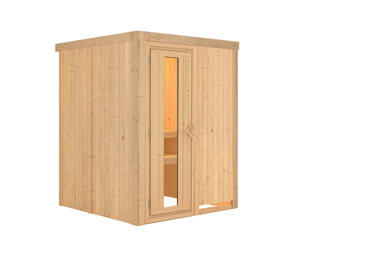 Karibu Sauna Minja - 68 mm Systemsauna - 230 Volt Plug & Play-Ohne Ofen-Ohne Dachkranz-Energiesparende Saunatür mit Glaseinsatz inkl. 9-teiligem gratis Zubehörpaket (Gesamtwert 271,91€) von Karibu