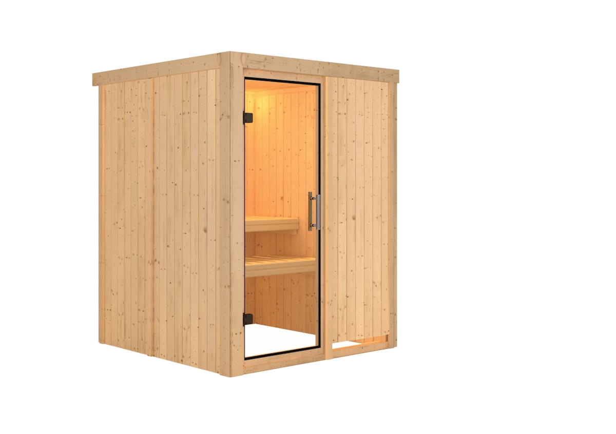 Karibu Sauna Minja - 68 mm Systemsauna - 230 Volt Plug & Play-Ohne Ofen-Ohne Dachkranz-Klarglas Ganzglastür inkl. 9-teiligem gratis Zubehörpaket (Gesamtwert 271,91€) von Karibu