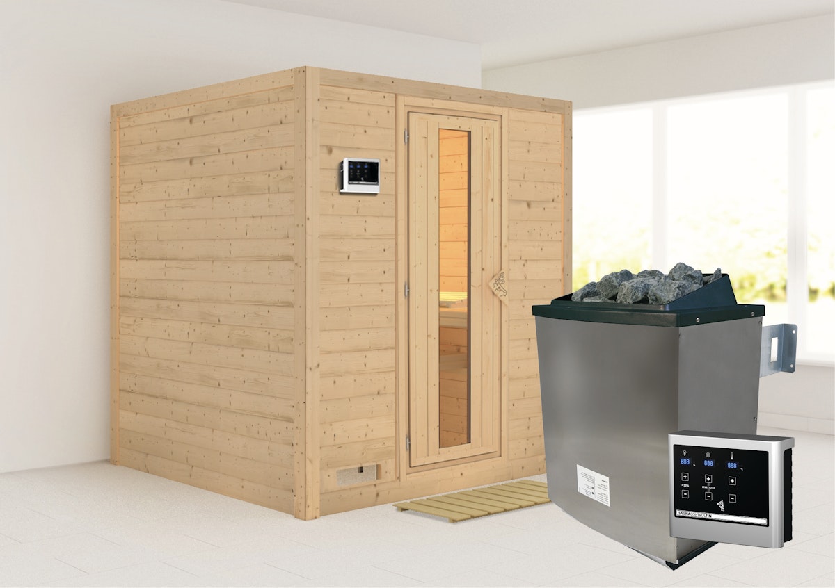 Karibu Sauna Mojave - Massivholzsauna mit Fronteinstieg 40 mm-9 kW Ofen inkl. Steuergerät-ohne Dachkranz- Energiesparende Saunatür von Karibu