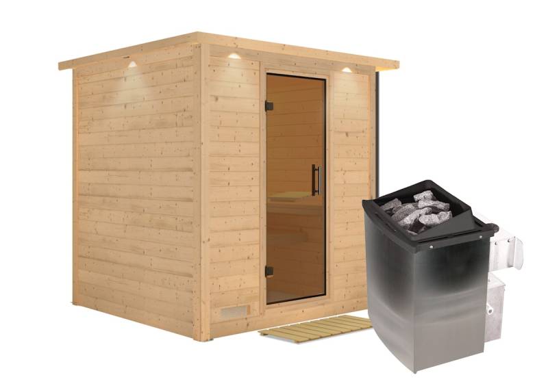 Karibu Sauna Mojave - Massivholzsauna mit Fronteinstieg 40 mm-9 kW Ofen integr. Steuerung-inkl. Dachkranz-Ganzglastür in Graphit-Optik von Karibu