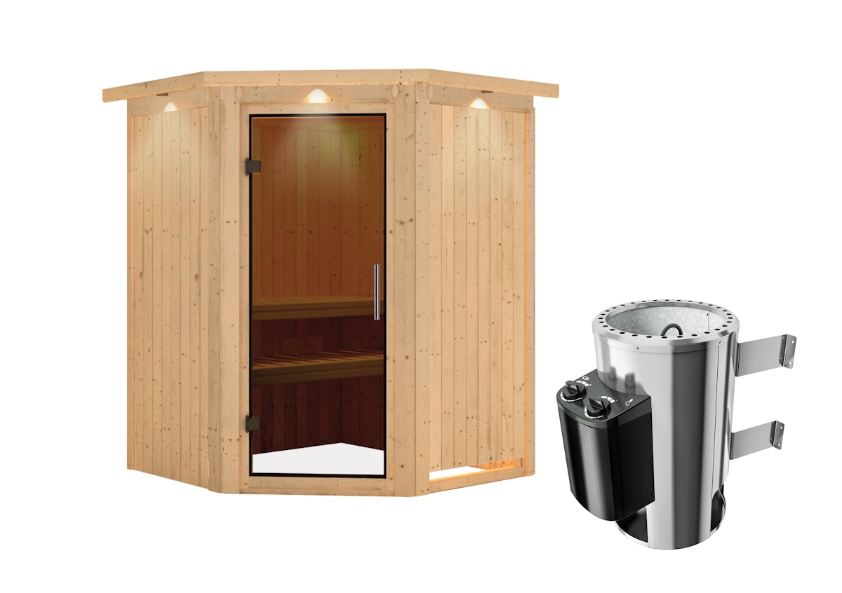 Karibu Sauna Nanja - 68 mm Systemsauna - 230 Volt Plug & Play-3,6 kW Plug&Play Ofen mit integrierter Steuerung-Inkl. Dachkranz-Ganzglastür in Graphit-Optik von Karibu