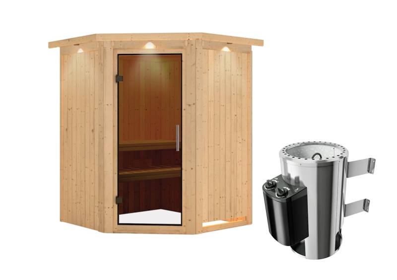 Karibu Sauna Nanja - 68 mm Systemsauna - 230 Volt Plug & Play-3,6 kW Plug&Play Ofen mit integrierter Steuerung-Inkl. Dachkranz-Ganzglastür in Graphit-Optik von Karibu