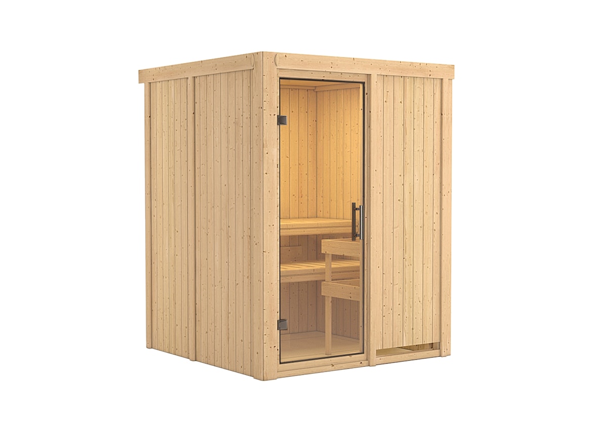 Karibu Sauna Norin mit Fronteinstieg 68 mm - Ohne Ofen-Ohne Dachkranz-Klarglas Ganzglastür inkl. 9-teiligem gratis Zubehörpaket (Gesamtwert 271,91€) von Karibu