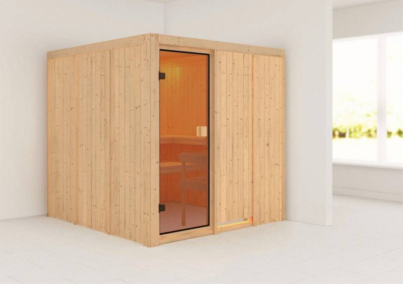 Karibu Sauna Ouno" mit bronzierter Tür naturbelassen, BxTxH: 196 x 196 x 198 cm, 68 mm" von Karibu