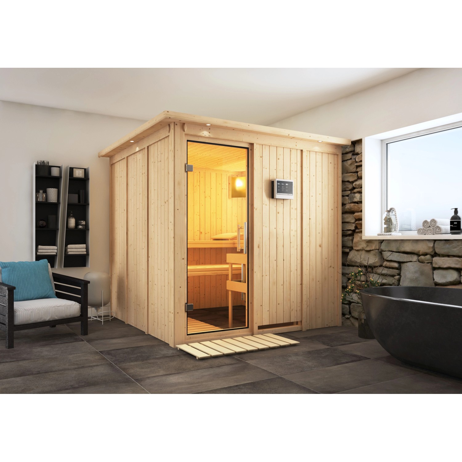 Karibu Sauna Rikka mit Ofen externe Stg.Easy LED-Dachkranz Natur Karibu Sauna Rikka mit Ofen externe Stg.Easy LED-Dachkranz Natur von Karibu