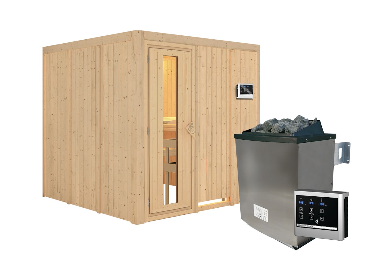 Karibu Sauna Rodin mit Fronteinstieg 68 mm-9 kW Ofen inkl. Steuergerät-ohne Dachkranz- Energiesparende Saunatür von Karibu