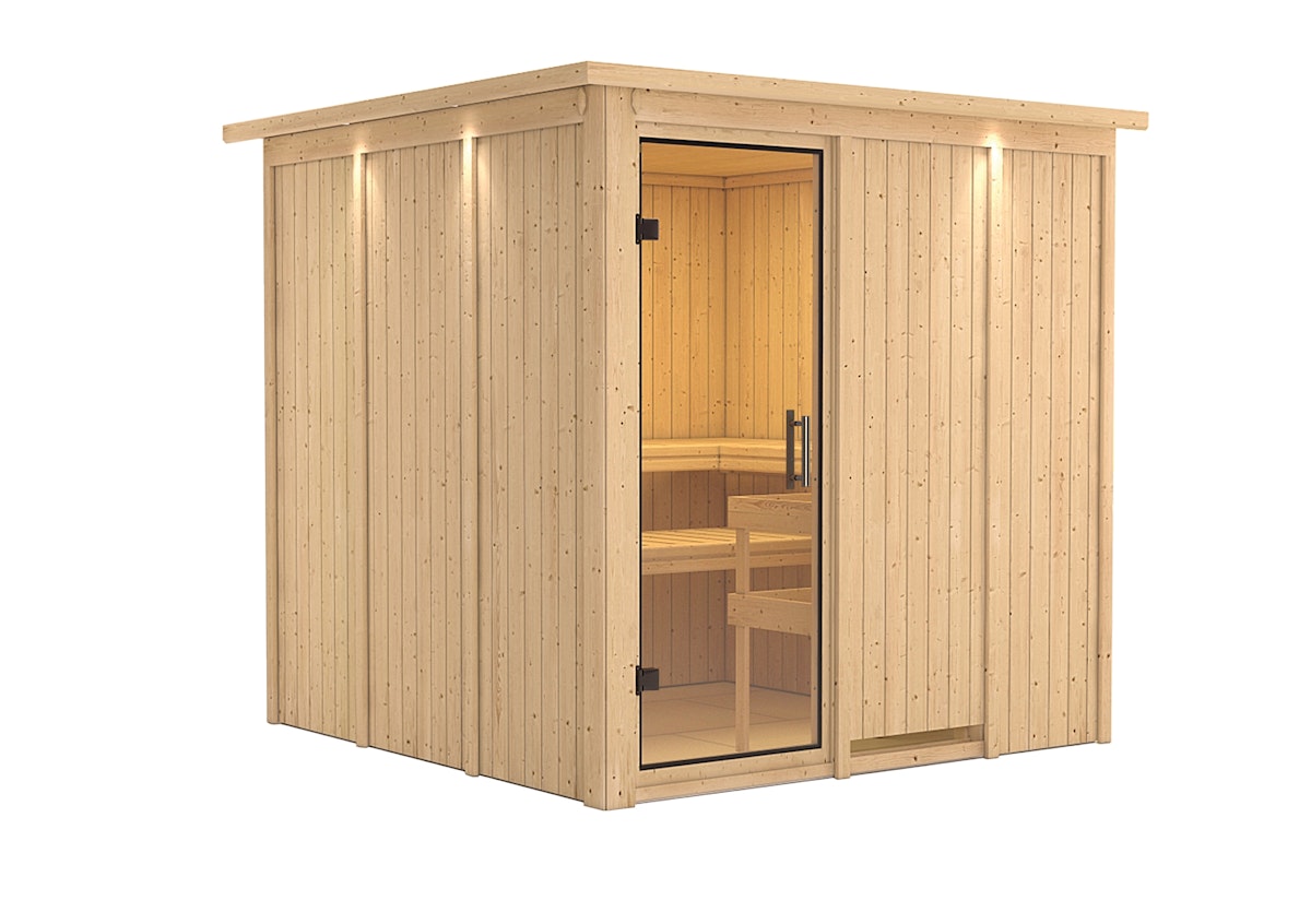 Karibu Sauna Rodin mit Fronteinstieg 68 mm - Ohne Ofen-Inkl. Dachkranz-Klarglas Ganzglastür inkl. 9-teiligem gratis Zubehörpaket (Gesamtwert 271,91€) von Karibu