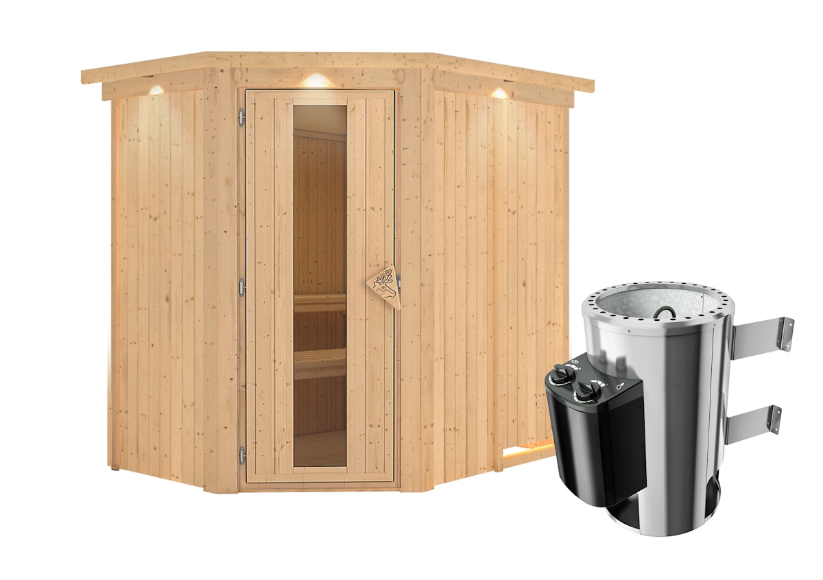 Karibu Sauna Saja - 68 mm Systemsauna - 230 Volt Plug & Play-3,6 kW Plug&Play Ofen mit integrierter Steuerung-Inkl. Dachkranz- Energiesparende Saunatür von Karibu