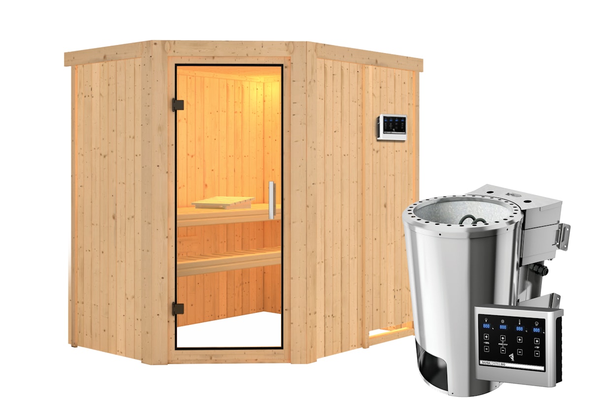 Karibu Sauna Saja - 68 mm Systemsauna - 230 Volt Plug & Play-3,6kW Plug&Play Bio-Kombiofen externer Steuerung Easy-Ohne Dachkranz-Klarglas Ganzglastür Karibu Sauna Saja - 68 mm Systemsauna - 230 Volt Plug & Play-3,6kW Plug&Play Bio-Kombiofen externer Steuerung Easy-Ohne Dachkranz-Klarglas Ganzglastür von Karibu