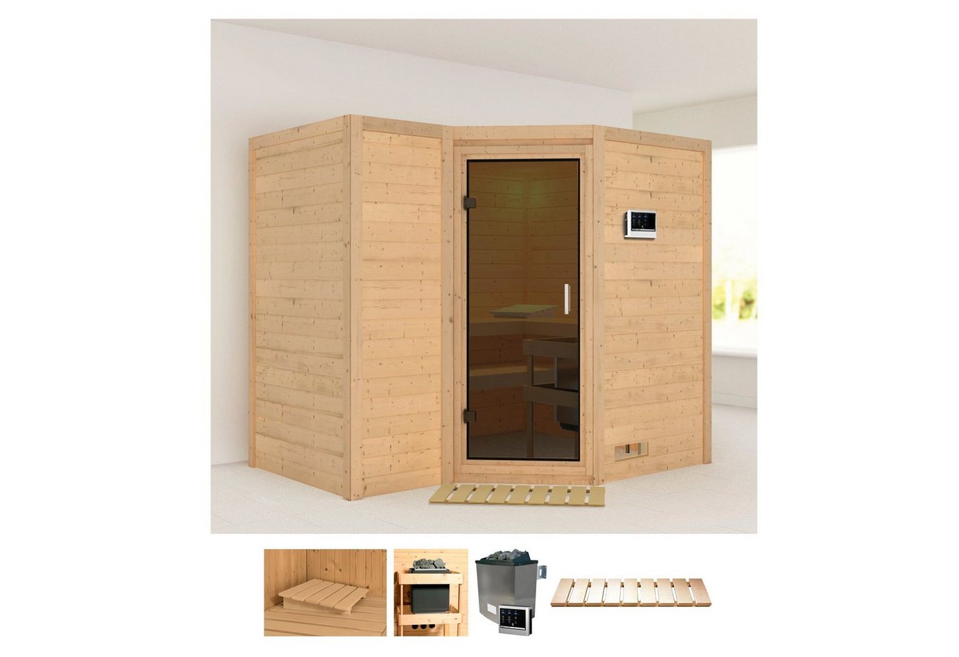 Karibu Sauna Sanna 2, BxTxH: 236 x 184 x 209 cm, 40 mm, (Set) 9-kW-Ofen mit externer Steuerung von Karibu
