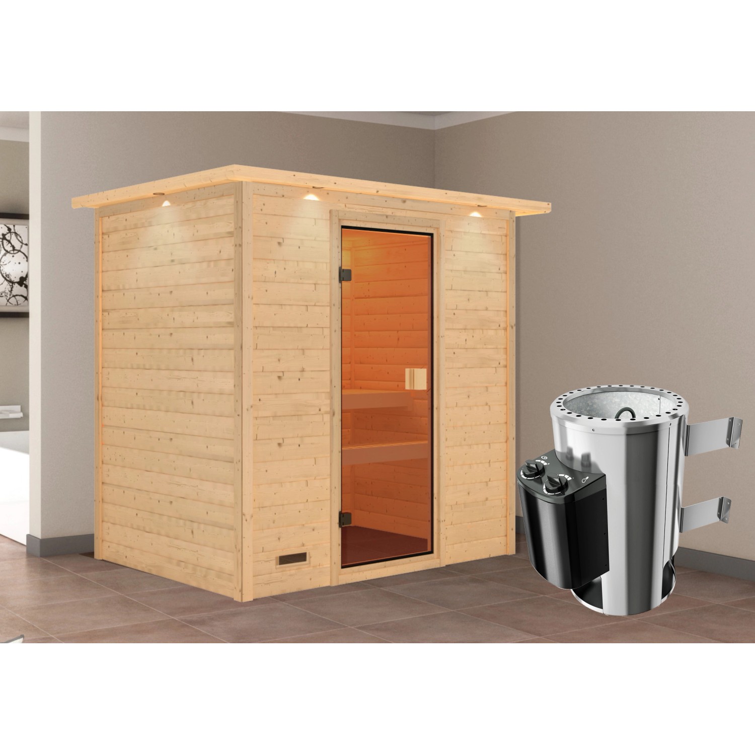 Karibu Sauna Selena mit Ofen intergrierte Stg.LED-Dachkranz Natur Karibu Sauna Selena mit Ofen intergrierte Stg.LED-Dachkranz Natur von Karibu