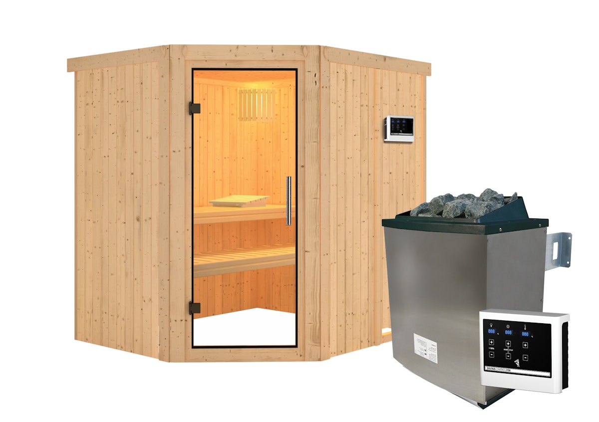 Karibu Sauna Siirin mit Eckeinstieg 68 mm - 9 kW Ofen inkl. Steuergerät-Ohne Dachkranz-Klarglas Ganzglastür von Karibu