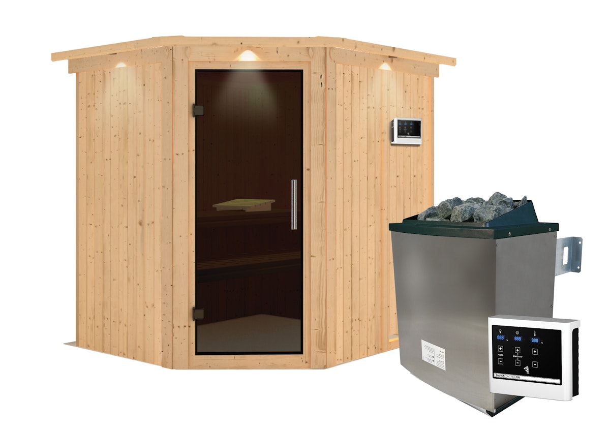 Karibu Sauna Siirin mit Eckeinstieg 68 mm-9 kW Ofen inkl. Steuergerät-inkl. Dachkranz-Ganzglastür in Graphit-Optik von Karibu