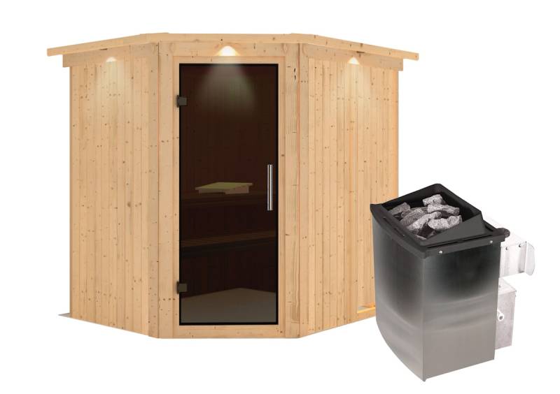 Karibu Sauna Siirin mit Eckeinstieg 68 mm-9 kW Ofen integr. Steuergerät-inkl. Dachkranz-Ganzglastür in Graphit-Optik von Karibu