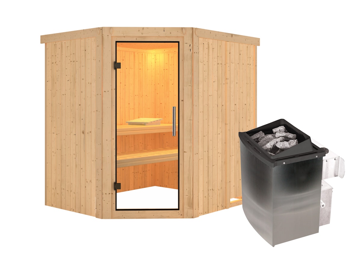 Karibu Sauna Siirin mit Eckeinstieg 68 mm - 9 kW Ofen integr. Steuerung-Ohne Dachkranz-Klarglas Ganzglastür Karibu Sauna Siirin mit Eckeinstieg 68 mm - 9 kW Ofen integr. Steuerung-Ohne Dachkranz-Klarglas Ganzglastür von Karibu
