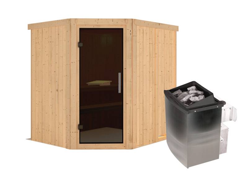 Karibu Sauna Siirin mit Eckeinstieg 68 mm-9 kW Ofen integr. Steuerung-ohne Dachkranz-Ganzglastür in Graphit-Optik von Karibu