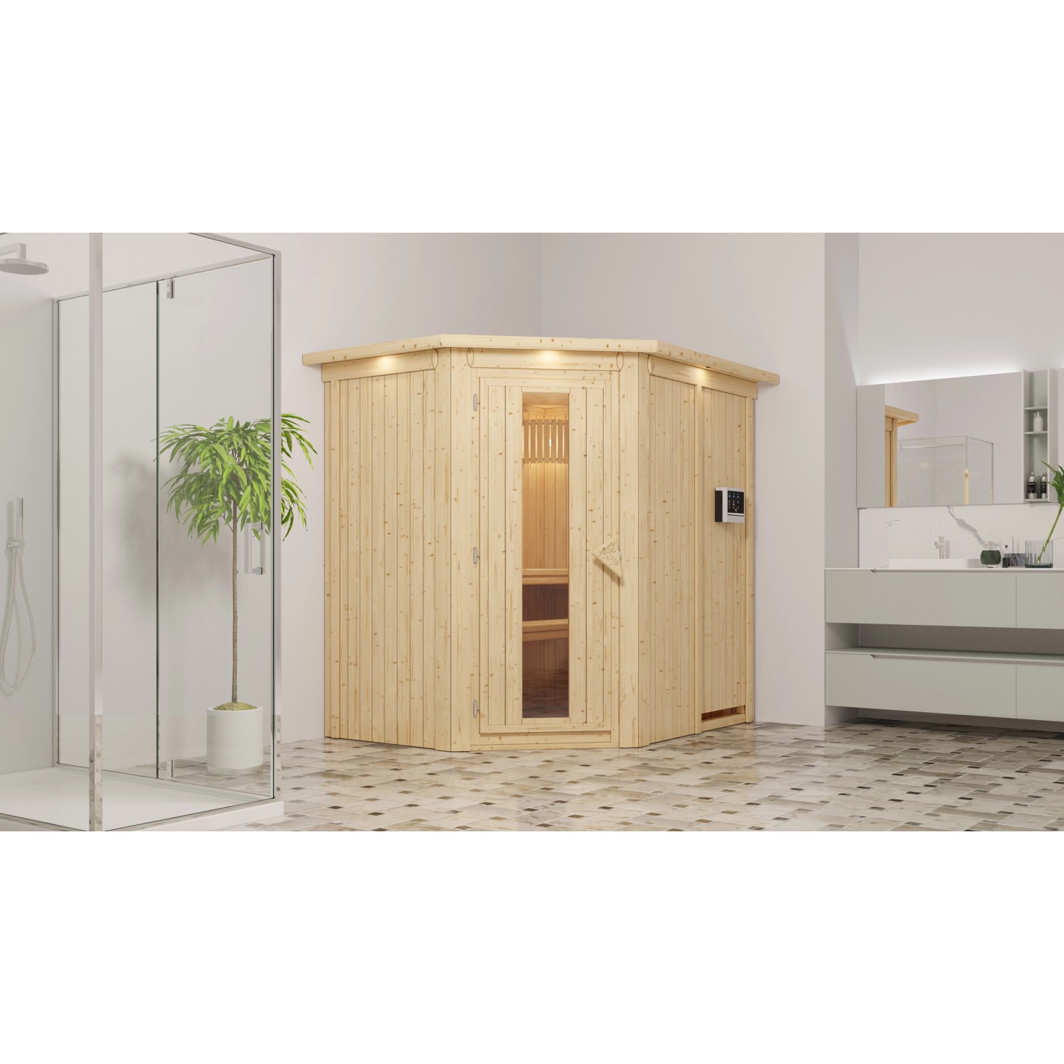 Karibu Sauna Silva mit Ofen externe Stg.Easy LED-Dachkranz Natur von Karibu