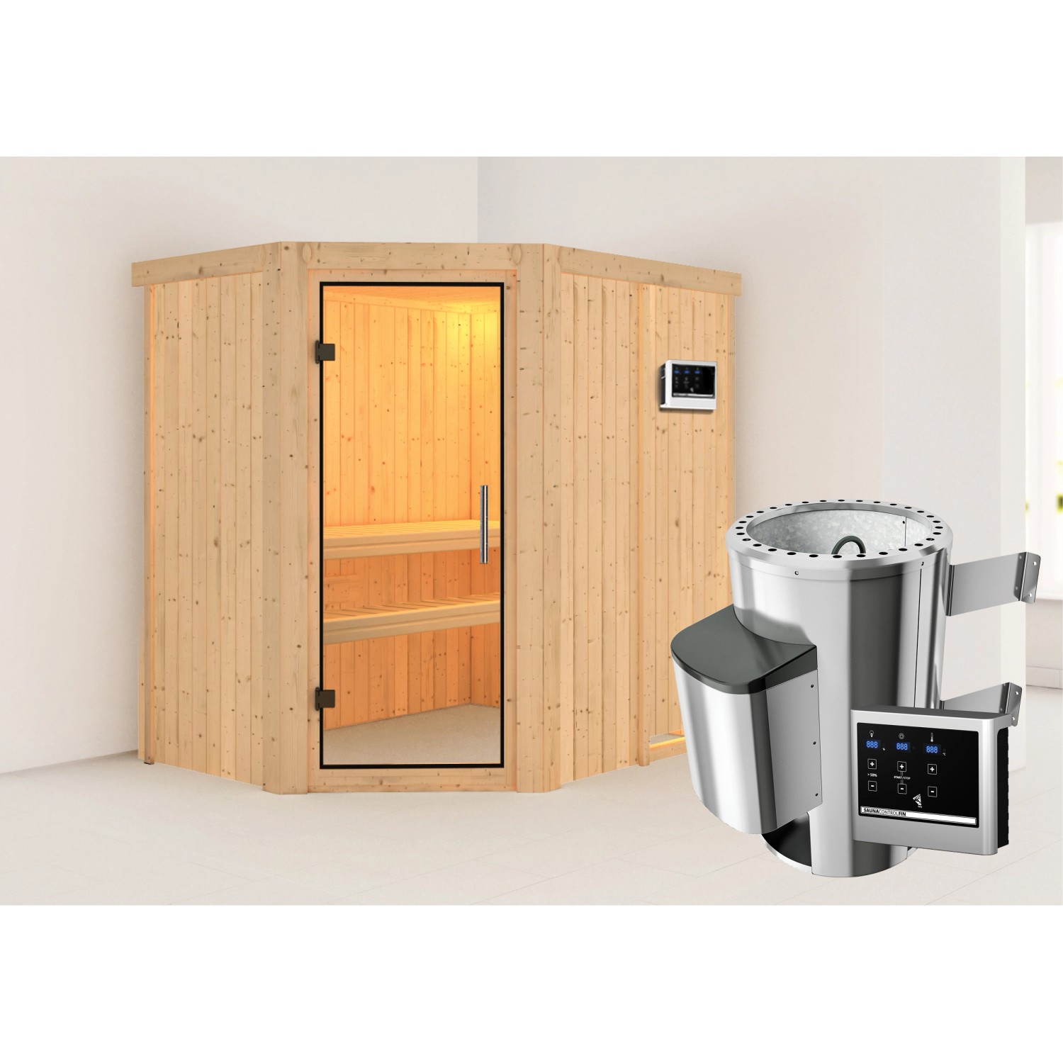 Karibu Sauna Silva mit Ofen externe Stg.Easy Natur von Karibu