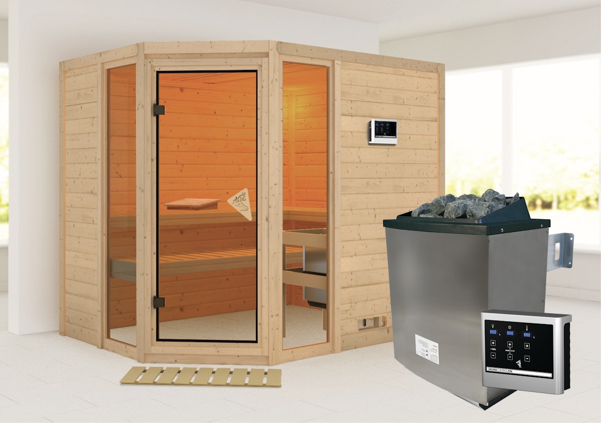 Karibu Sauna Sinai 3-9 kW Ofen-Steuergerät-ohne Dachkranz 4 inkl. 9-teiligem gratis Zubehörpaket (Gesamtwert 271,91€) von Karibu