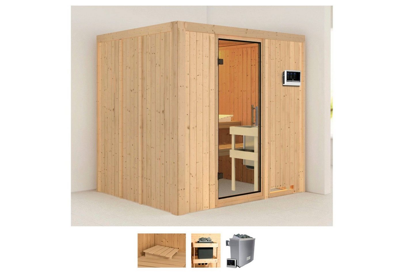 Karibu Sauna Solida, BxTxH: 196 x 170 x 198 cm, 68 mm, (Set) 9 KW-Ofen mit externer Steuerung von Karibu