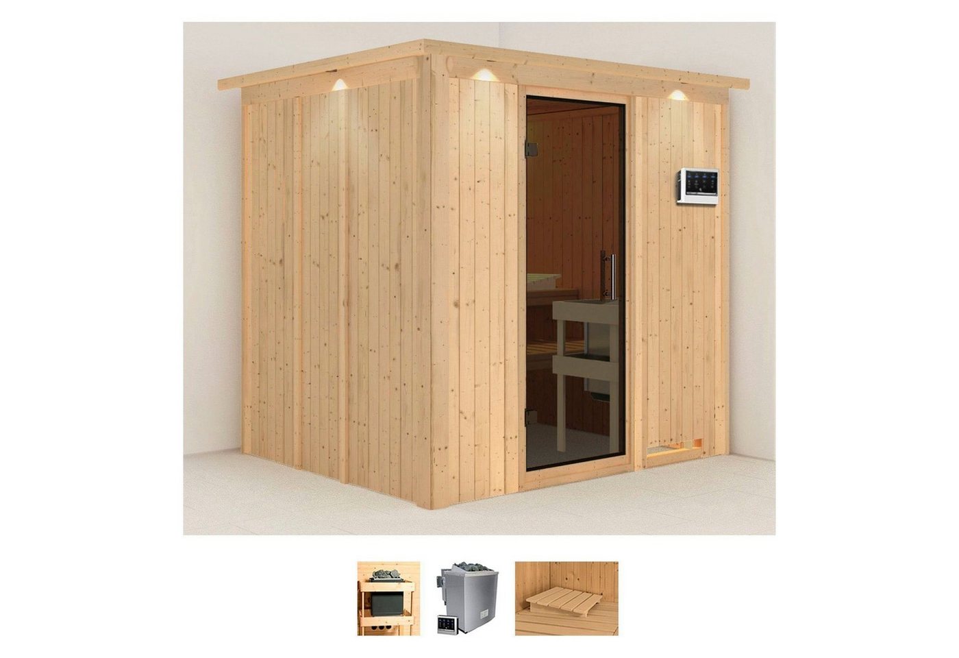 Karibu Sauna Sodin, BxTxH: 210 x 184 x 202 cm, 68 mm, (Set) 9 KW-Bio-Ofen mit externer Steuerung von Karibu