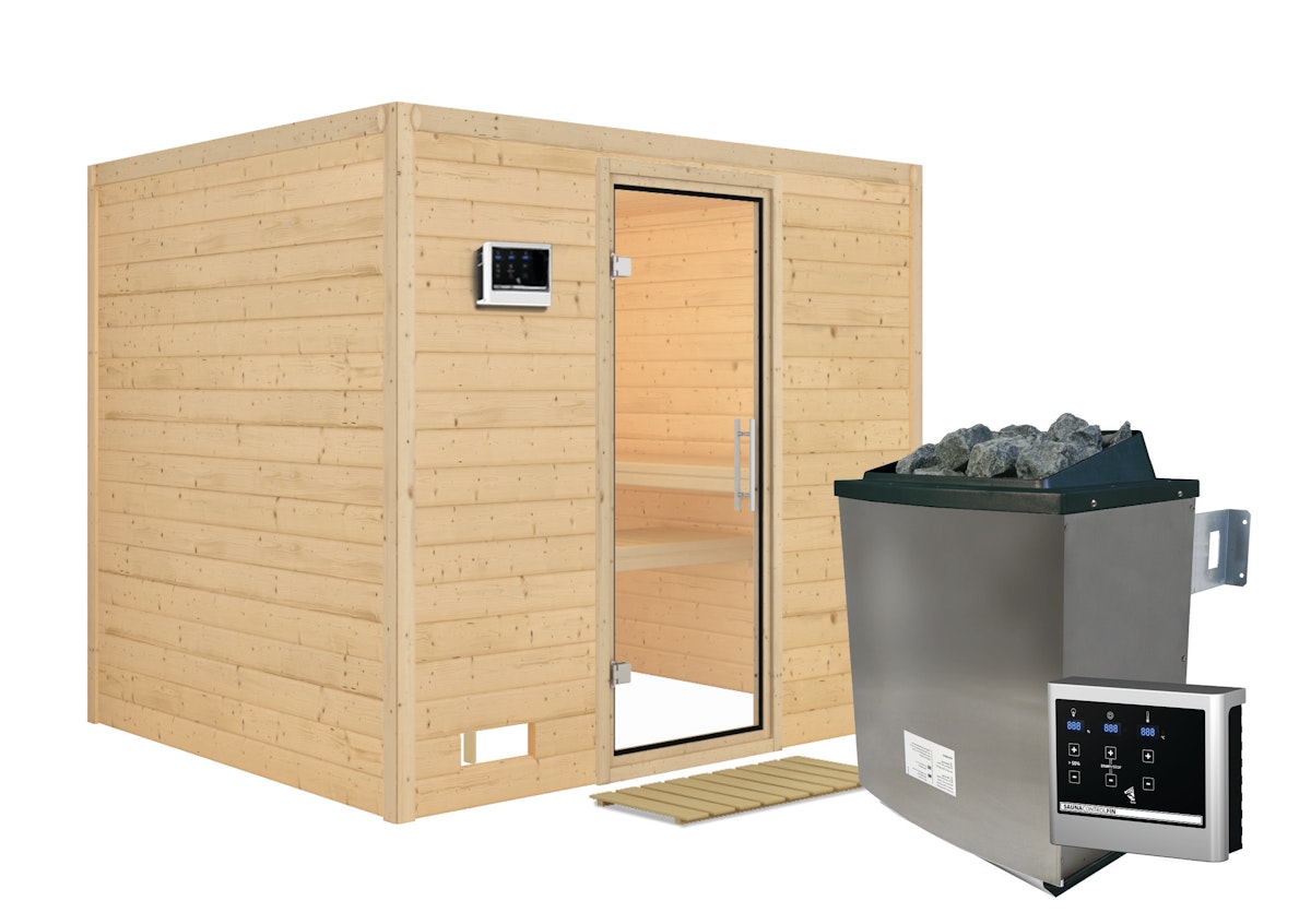 Karibu Sauna Sonara - Massivholzsauna mit Fronteinstieg 40 mm - 9 kW Ofen inkl. Steuergerät-Ohne Dachkranz-Klarglas Ganzglastür inkl. 9-teiligem gratis Zubehörpaket (Gesamtwert 271,91€) von Karibu