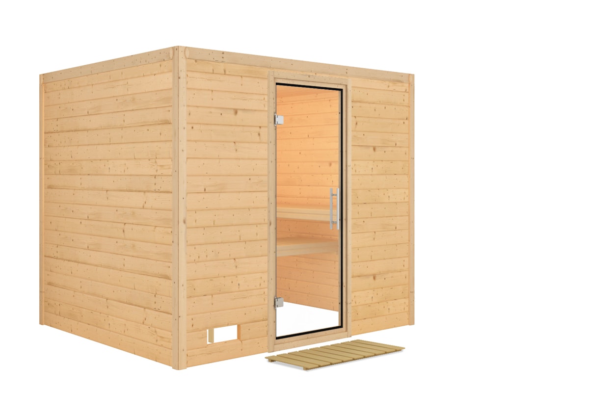 Karibu Sauna Sonara - Massivholzsauna mit Fronteinstieg 40 mm - Ohne Ofen-Ohne Dachkranz-Klarglas Ganzglastür von Karibu