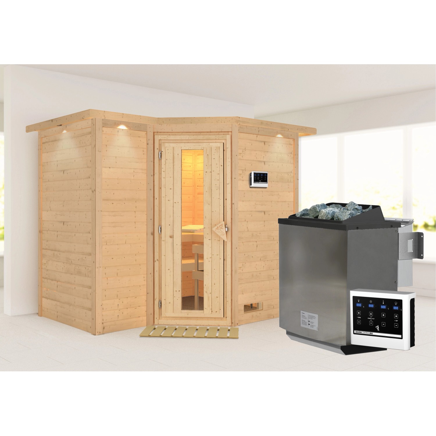 Karibu Sauna Steena 2 mit Bio-Ofen externe Stg.LED-Dachkranz Natur von Karibu