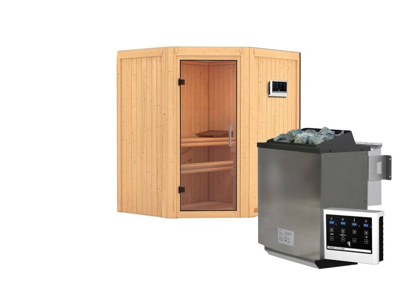 Karibu Sauna Taurin mit Eckeinstieg 68 mm-9 kW Bio-Kombiofen inkl. Steuergerät-Ohne Dachkranz-Klarglas Ganzglastür von Karibu