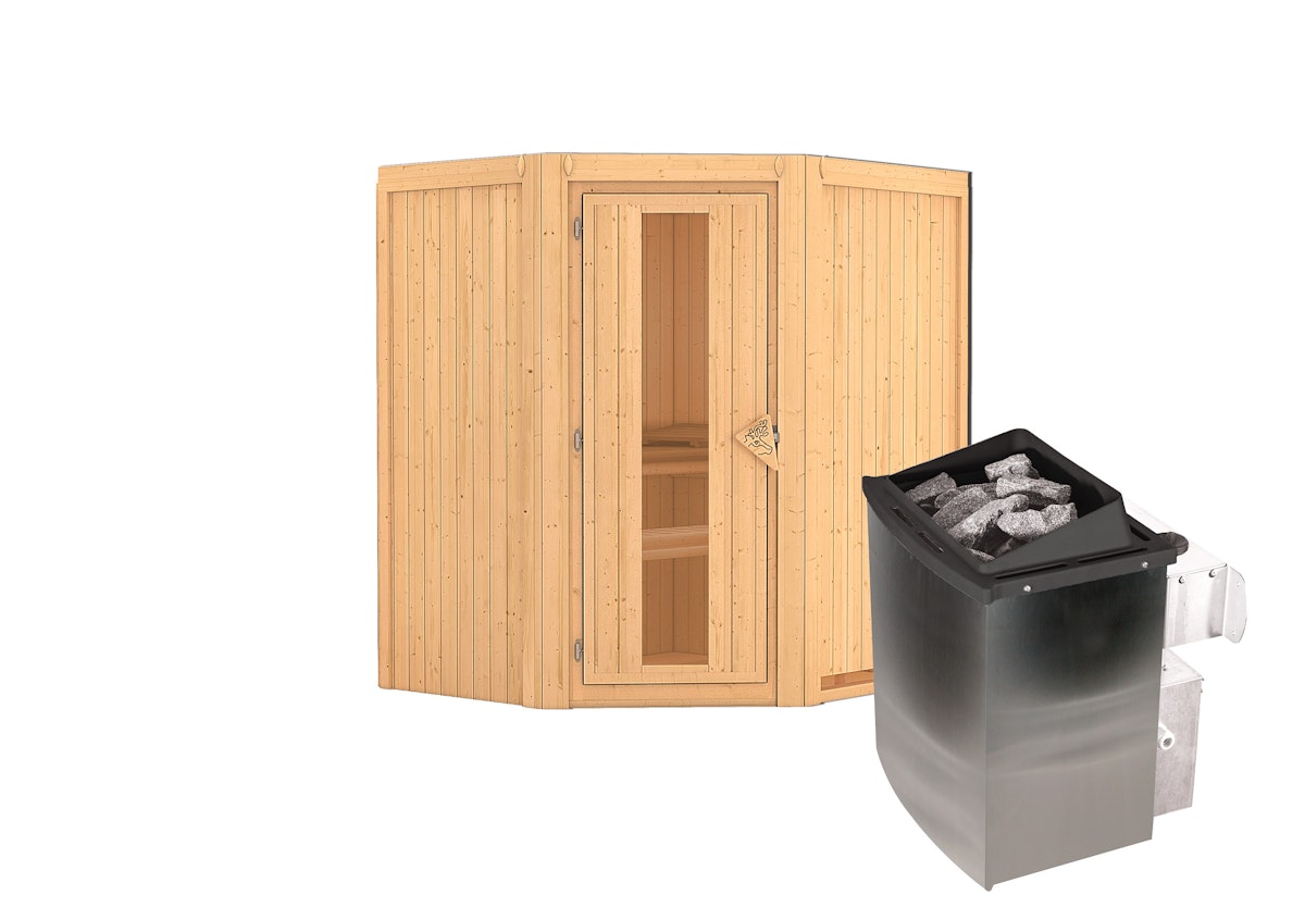 Karibu Sauna Taurin mit Eckeinstieg 68 mm -9 kW Ofen integr. Steuerung-Ohne Dachkranz- Energiesparende Saunatür von Karibu