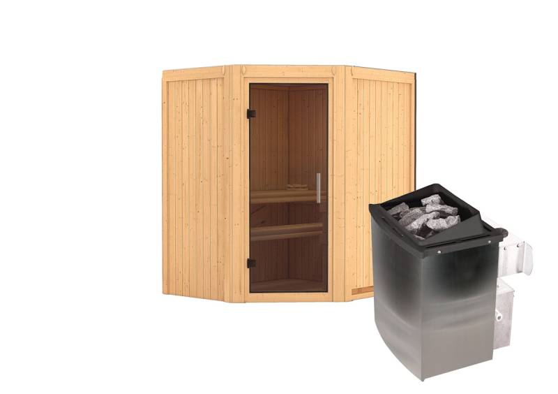 Karibu Sauna Taurin mit Eckeinstieg 68 mm -9 kW Ofen integr. Steuerung-Ohne Dachkranz-Ganzglastür in Graphit-Optik von Karibu