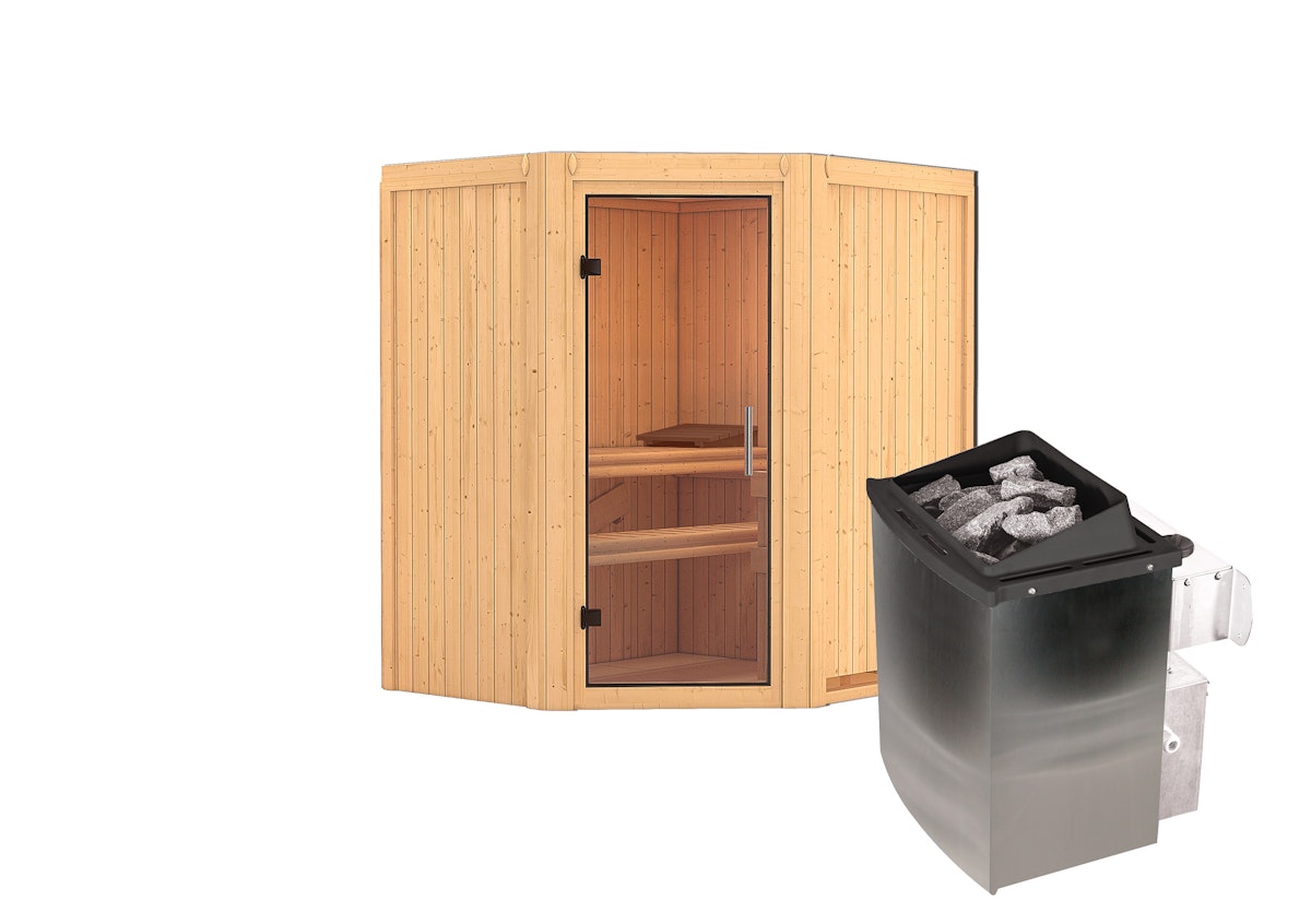 Karibu Sauna Taurin mit Eckeinstieg 68 mm -9 kW Ofen integr. Steuerung-Ohne Dachkranz-Klarglas Ganzglastür Karibu Sauna Taurin mit Eckeinstieg 68 mm -9 kW Ofen integr. Steuerung-Ohne Dachkranz-Klarglas Ganzglastür von Karibu