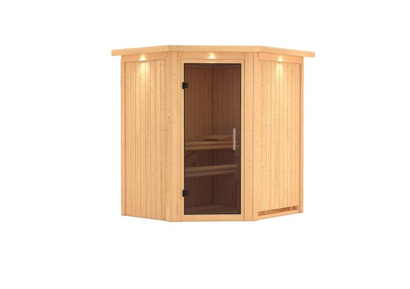 Karibu Sauna Taurin mit Eckeinstieg 68 mm-Ohne Ofen-Inkl. Dachkranz-Ganzglastür in Graphit-Optik von Karibu